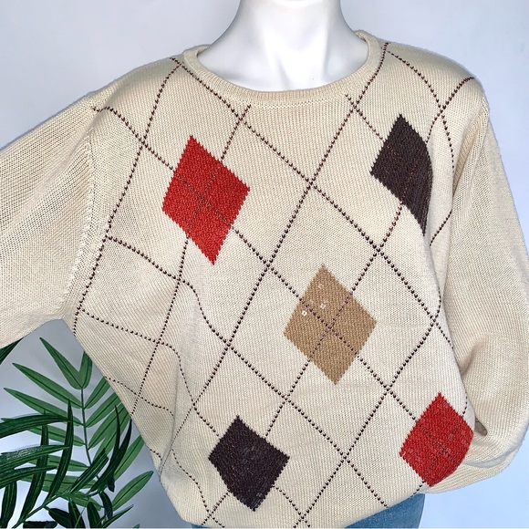 v i n t a g e :: Slouchy Argyle Sequin Grandma Knit Sweater - Picture 7 of 10